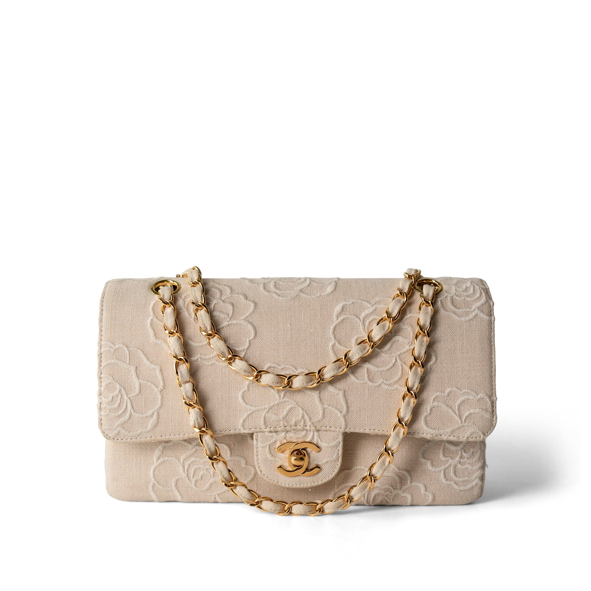 CHANEL Ivory Ivory Canvas Camellia Classic Double Flap Gold Hardware Vintage - Redeluxe