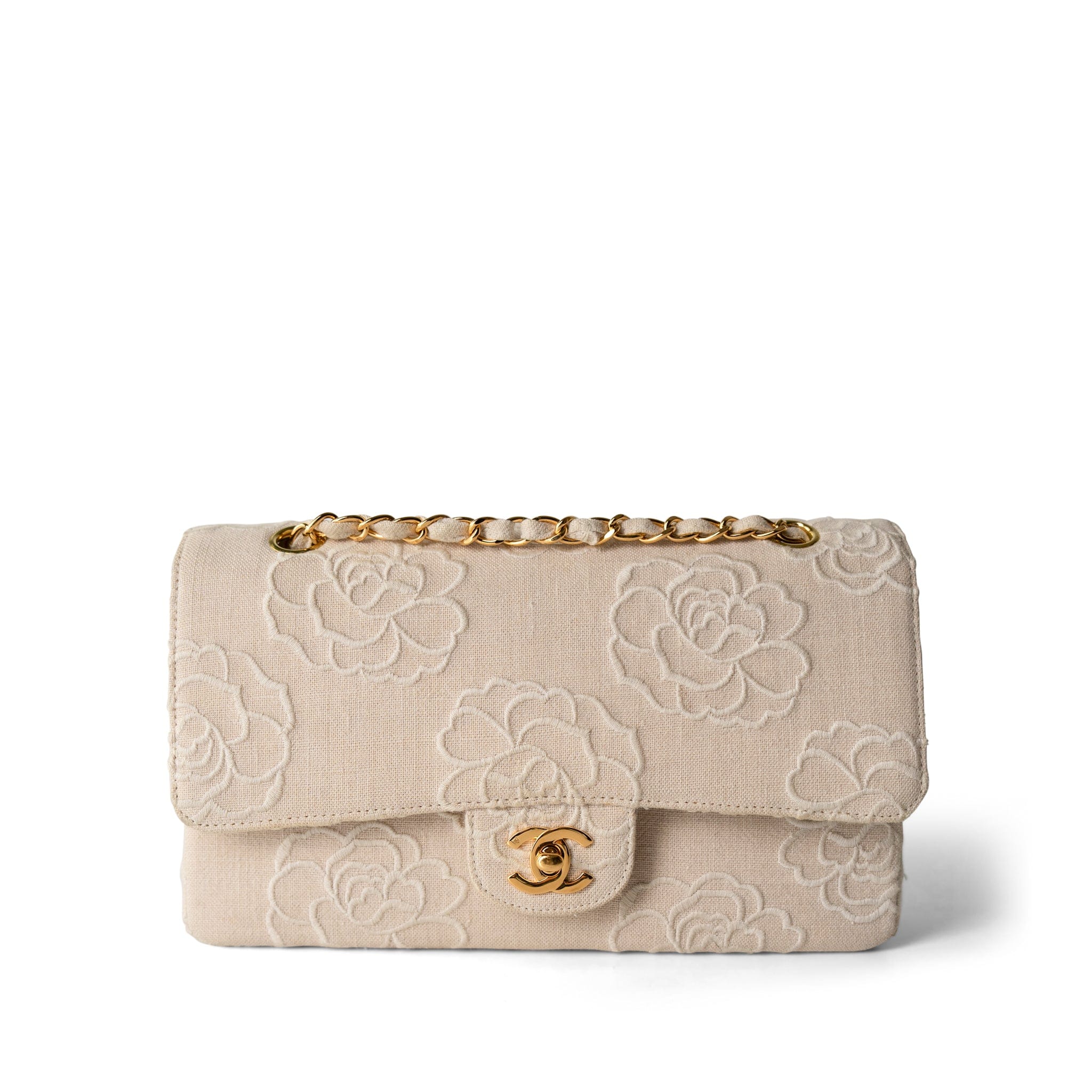 CHANEL Ivory Ivory Canvas Camellia Classic Double Flap Gold Hardware Vintage - Redeluxe