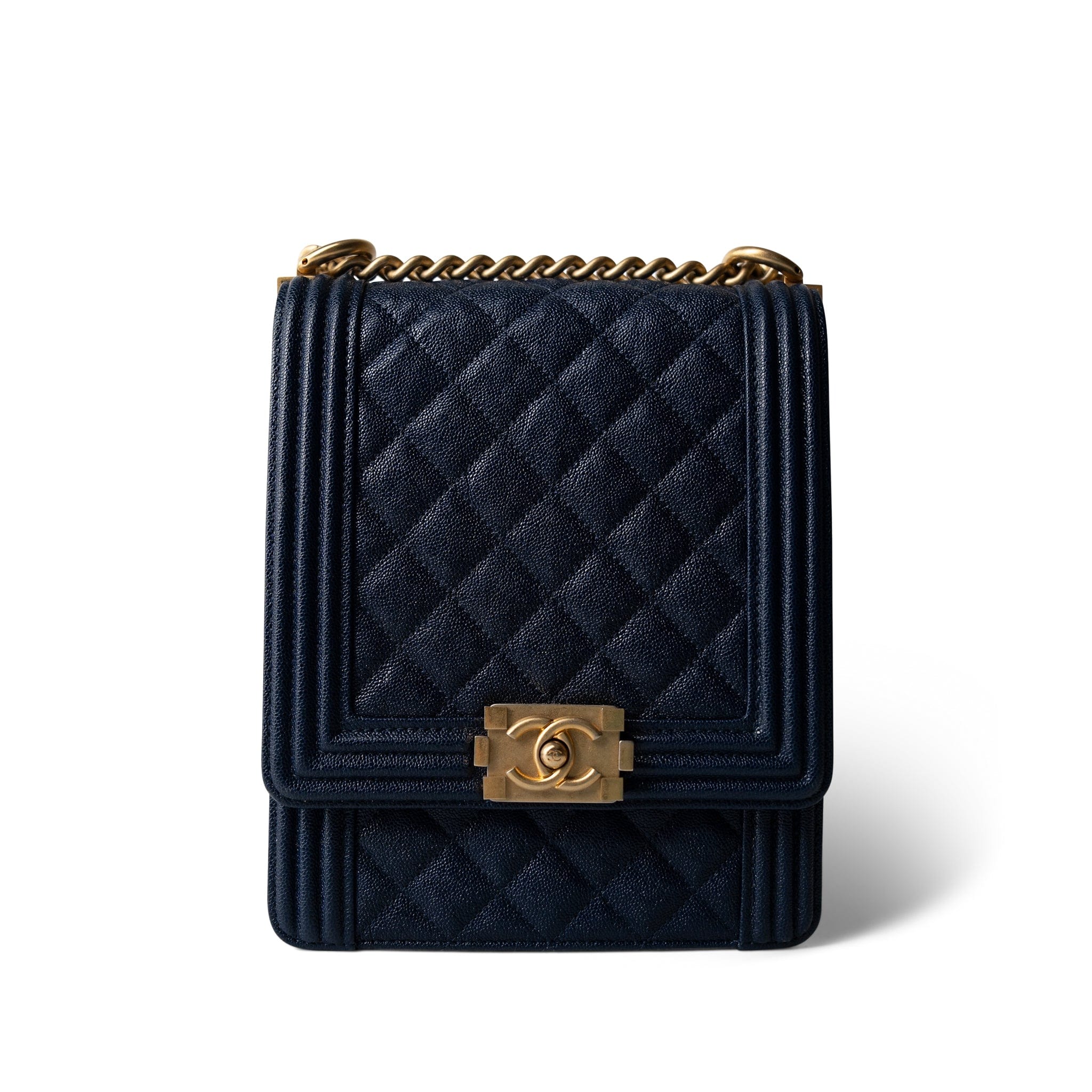 CHANEL Navy Navy Caviar Quilted North South Boy Bag Aged Gold Hardware - Redeluxe