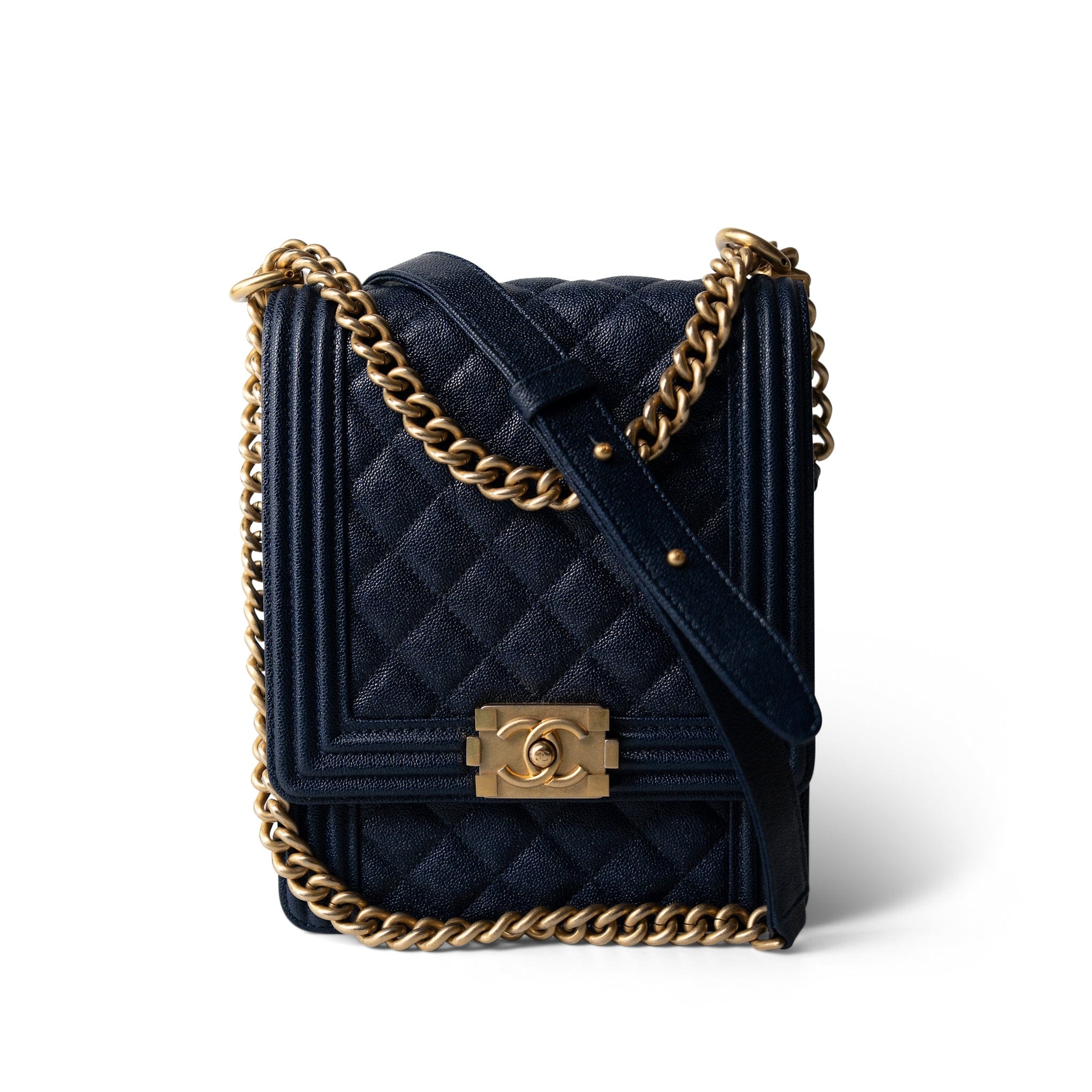 CHANEL Navy Navy Caviar Quilted North South Boy Bag Aged Gold Hardware - Redeluxe