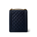 CHANEL Navy Navy Caviar Quilted North South Boy Bag Aged Gold Hardware - Redeluxe