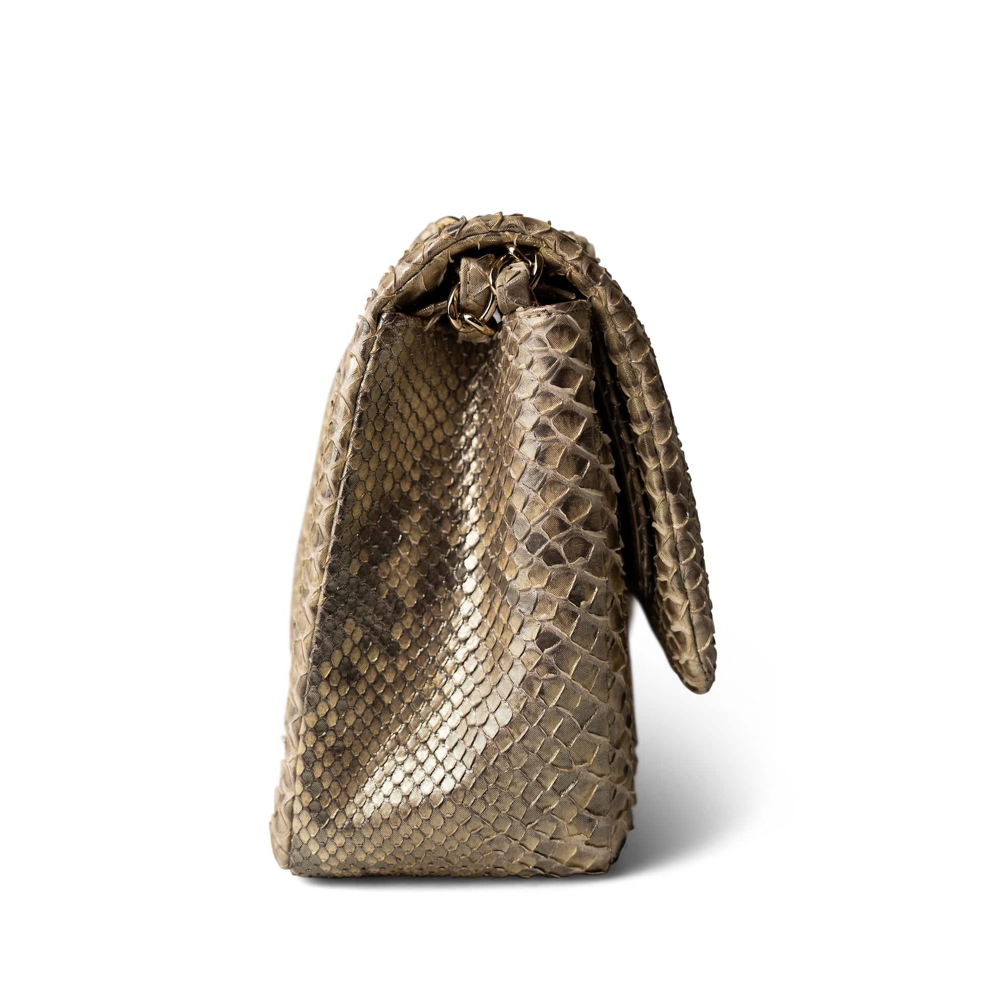 CHANEL Pearl Python Jumbo Classic Flap Light Gold Hardware - Redeluxe