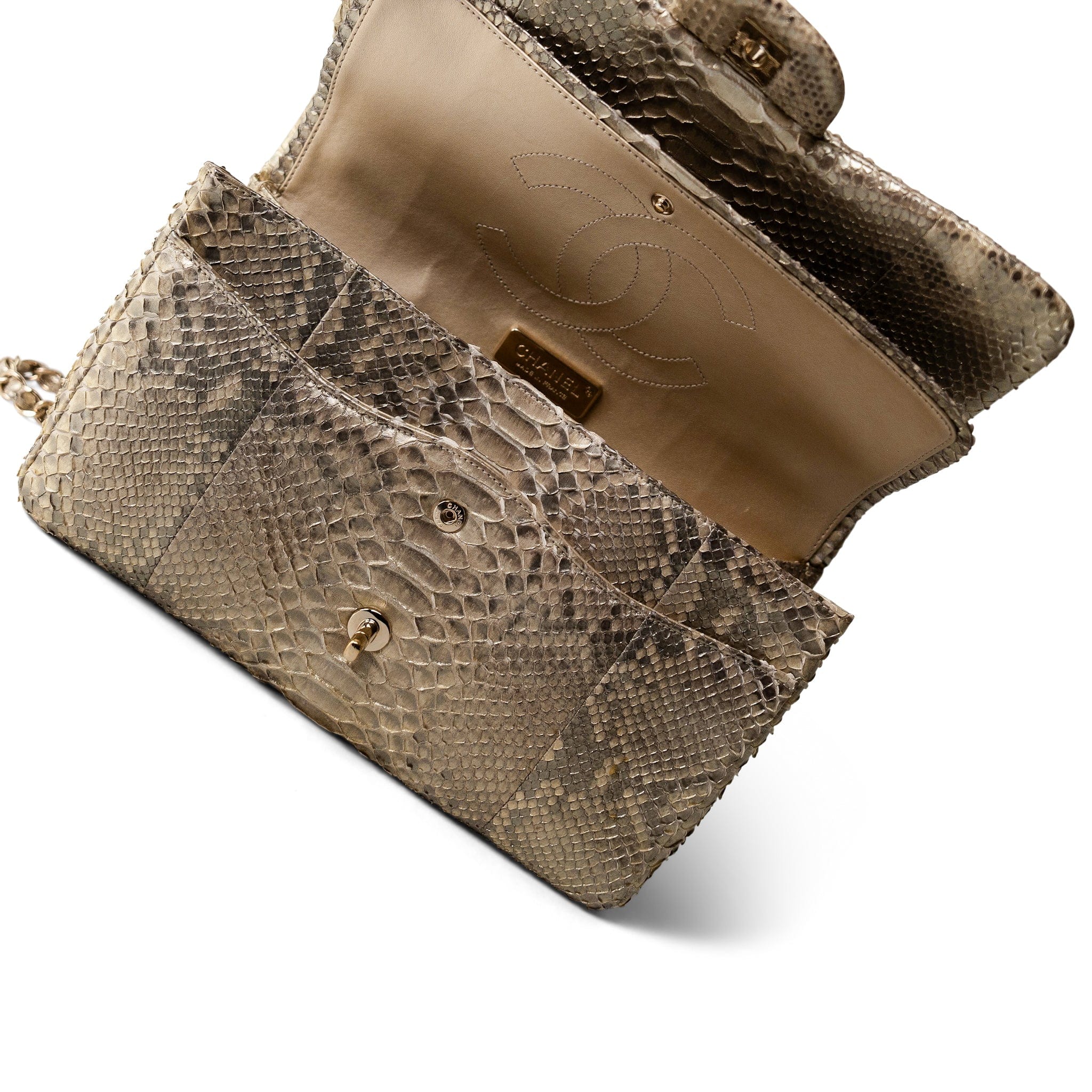CHANEL Pearl Python Jumbo Classic Flap Light Gold Hardware - Redeluxe