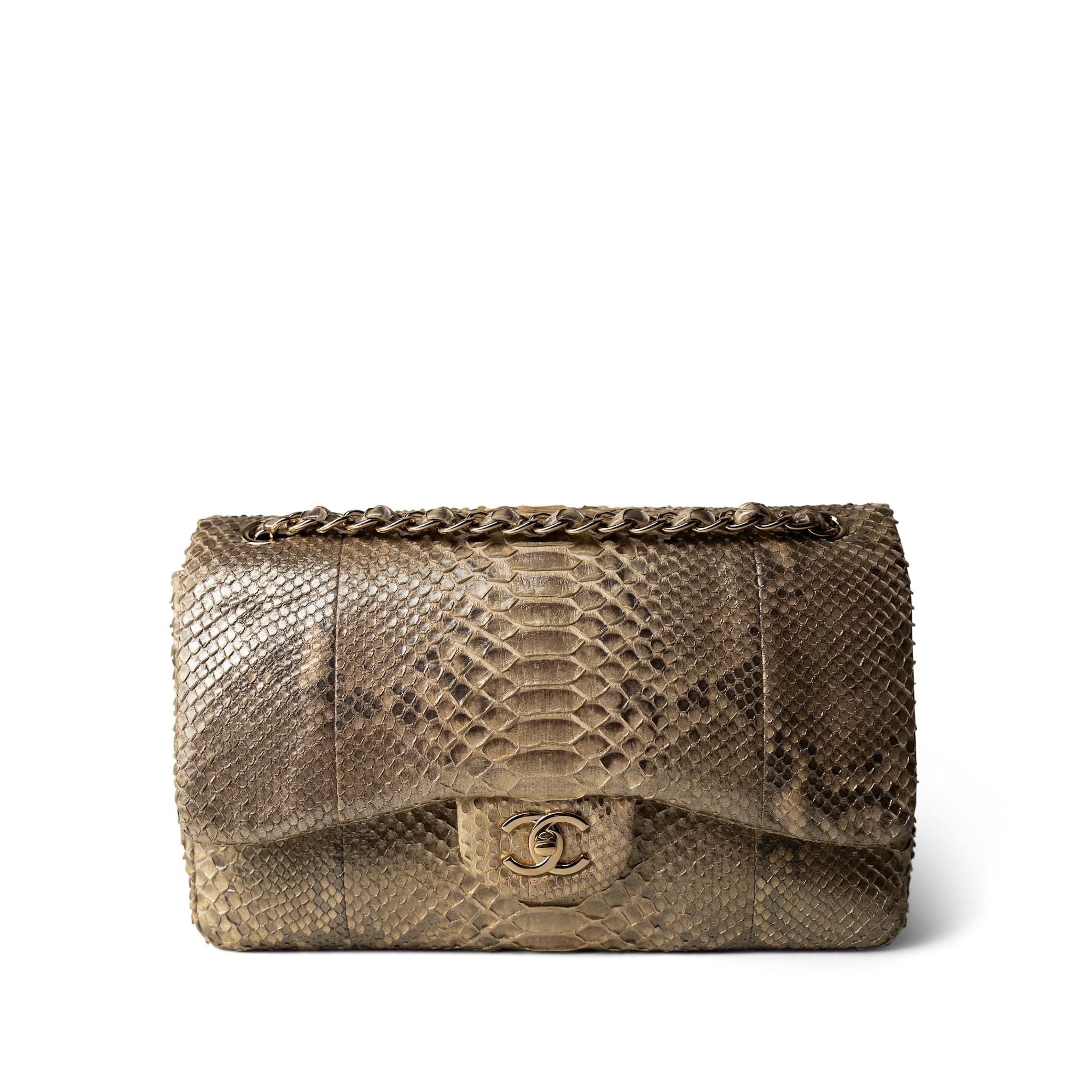 CHANEL Pearl Python Jumbo Classic Flap Light Gold Hardware - Redeluxe