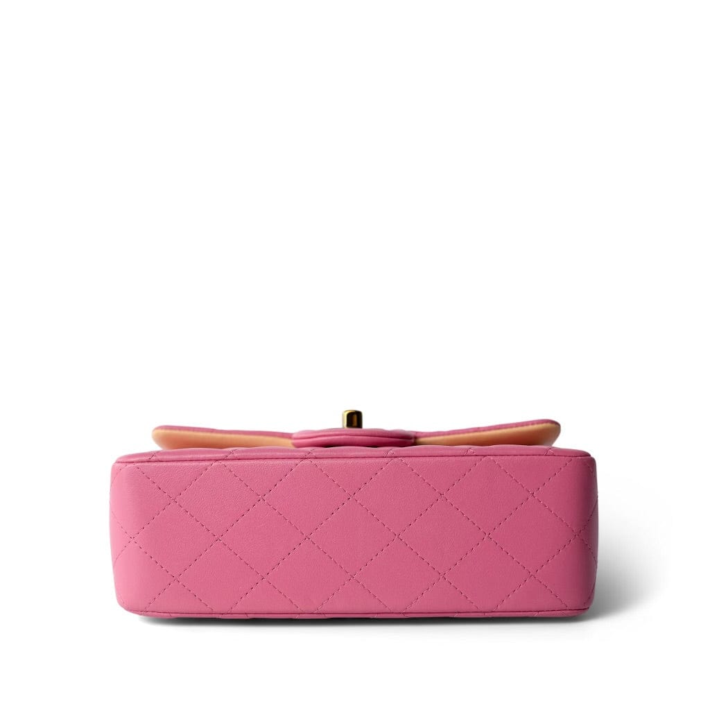 21P Pink Lambskin Quilted Mini Rectangular Flap Rainbow Hardware