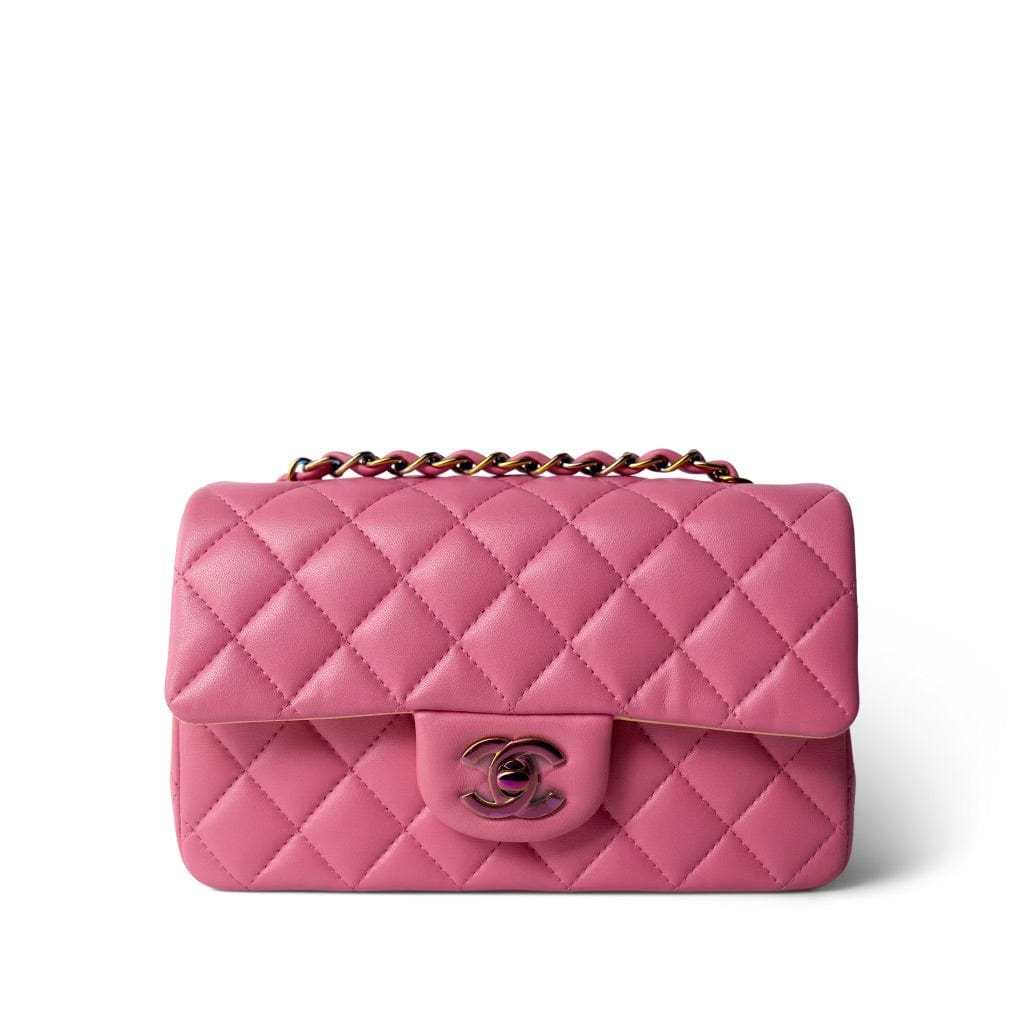 CHANEL Pink 21P Pink Lambskin Quilted Mini Rectangular Flap Rainbow Hardware - Redeluxe