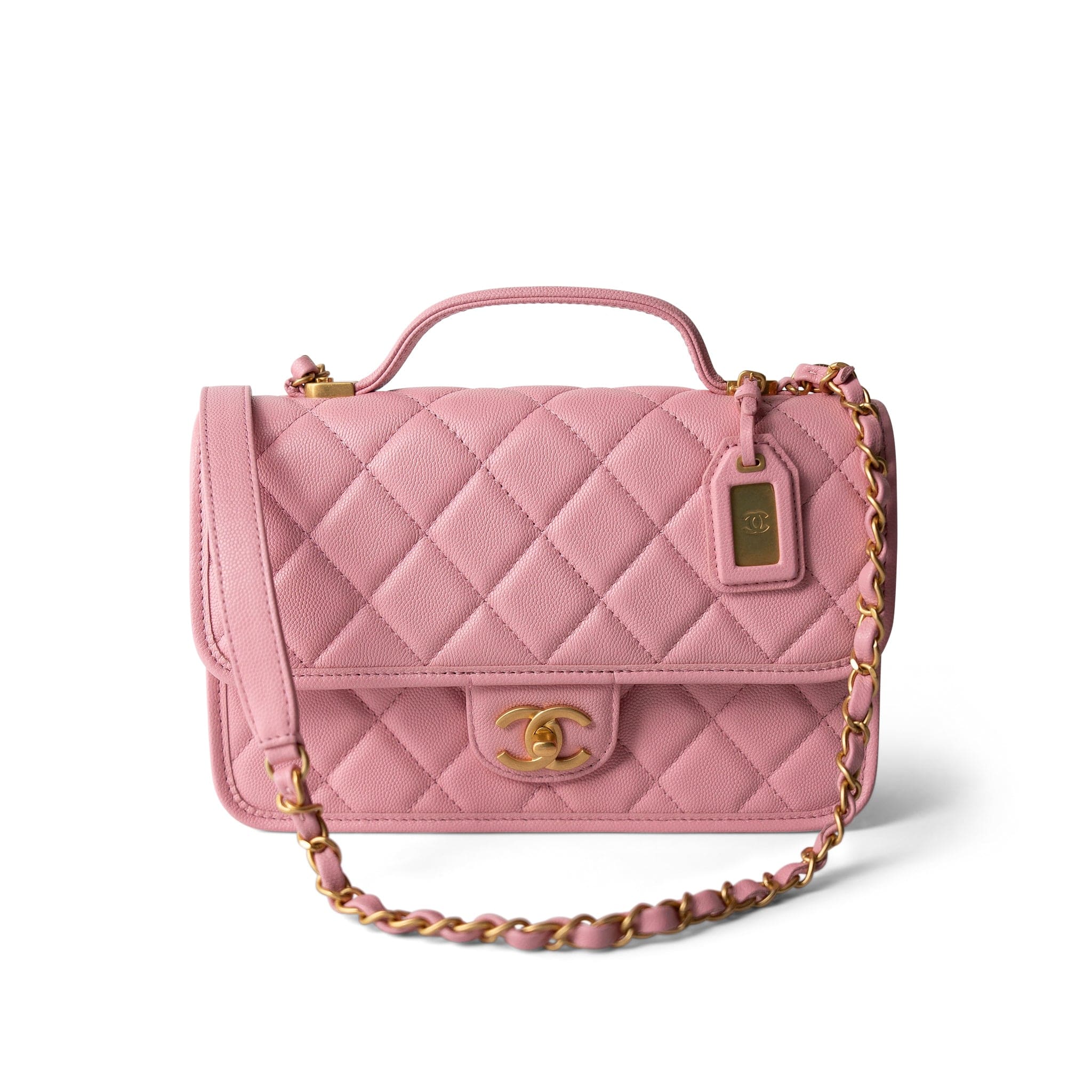 CHANEL Pink 22K Pink Caviar Quilted School Memory Top Handle Flap Aged Gold Hardware - Redeluxe