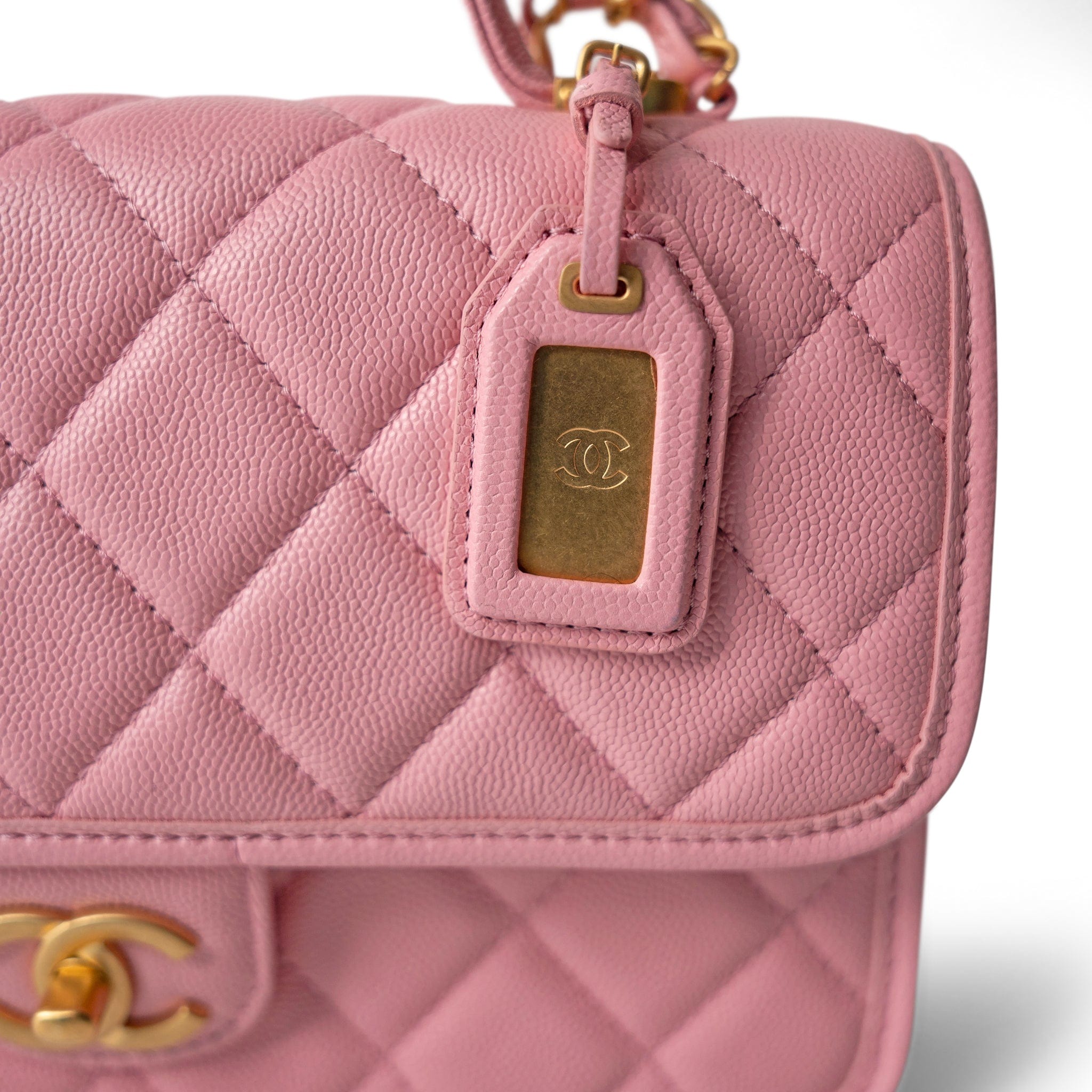 CHANEL Pink 22K Pink Caviar Quilted School Memory Top Handle Flap Aged Gold Hardware - Redeluxe