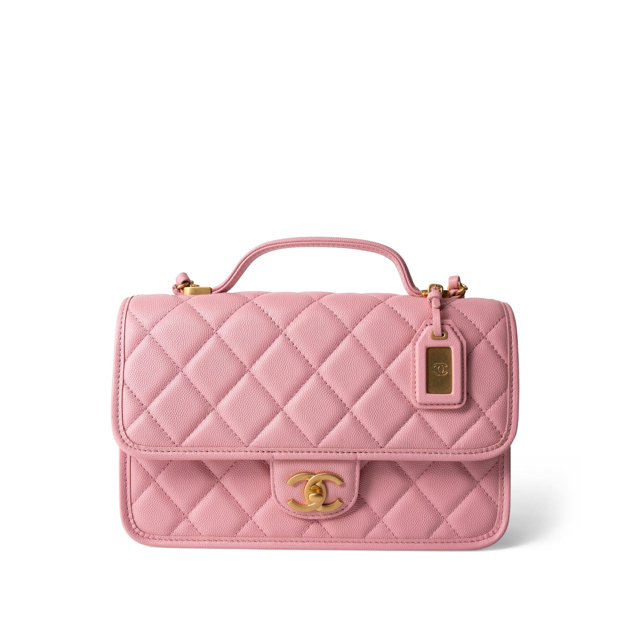 CHANEL Pink 22K Pink Caviar Quilted School Memory Top Handle Flap Aged Gold Hardware - Redeluxe