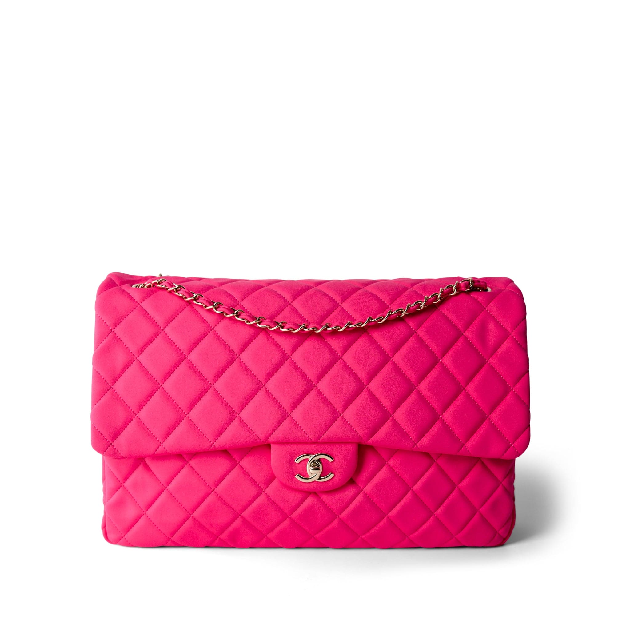 CHANEL Pink Pink Jersey Quilted XL Jumbo Single Flap Light Gold Hardware - Redeluxe