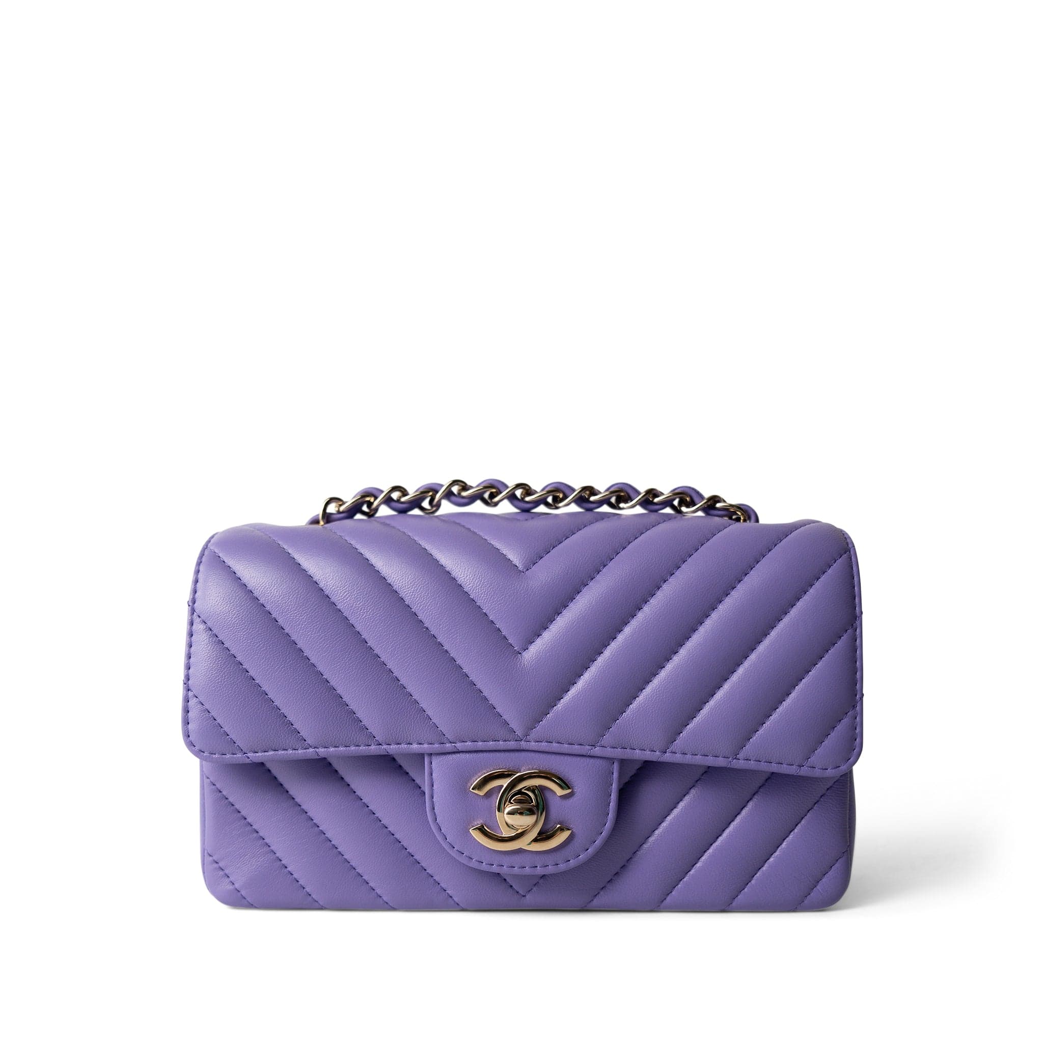 CHANEL Purple 20S Light Purple Lambskin Chevron Mini Rectangular Flap Light Gold Hardware - Redeluxe