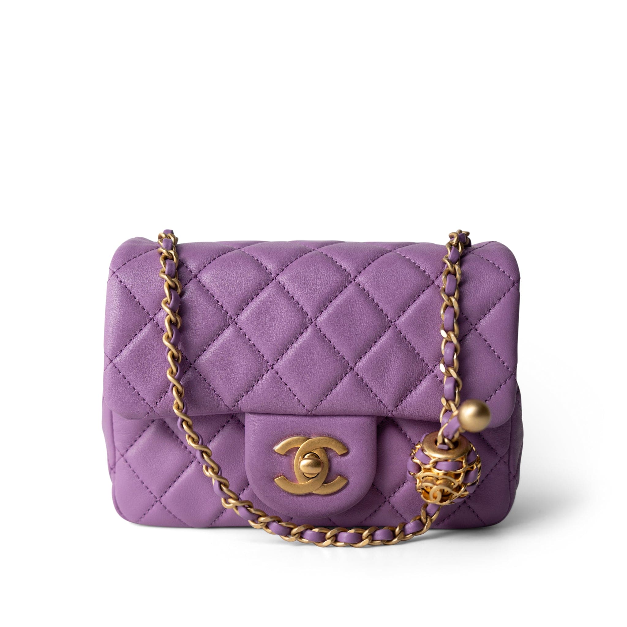 CHANEL Purple Purple Lambskin Quilted Pearl Crush Mini Square Aged Gold Hardware - Redeluxe