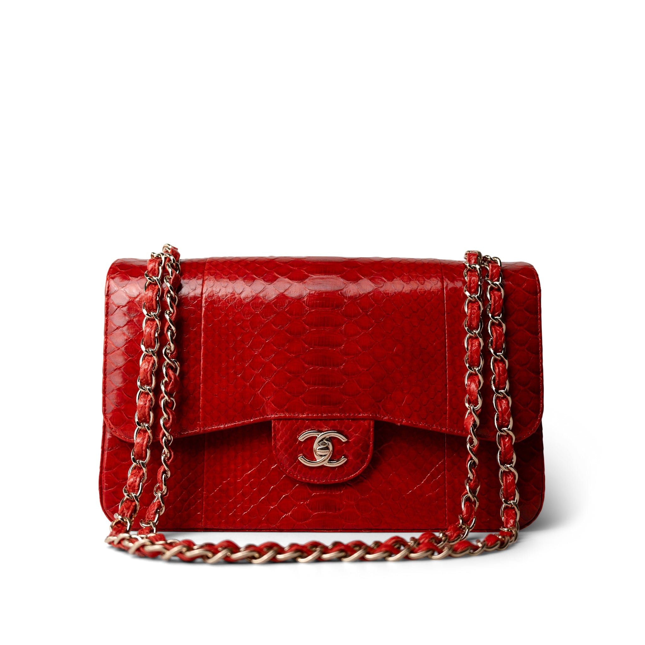 CHANEL Red Red Python Jumbo Classic Flap Light Gold Hardware - Redeluxe