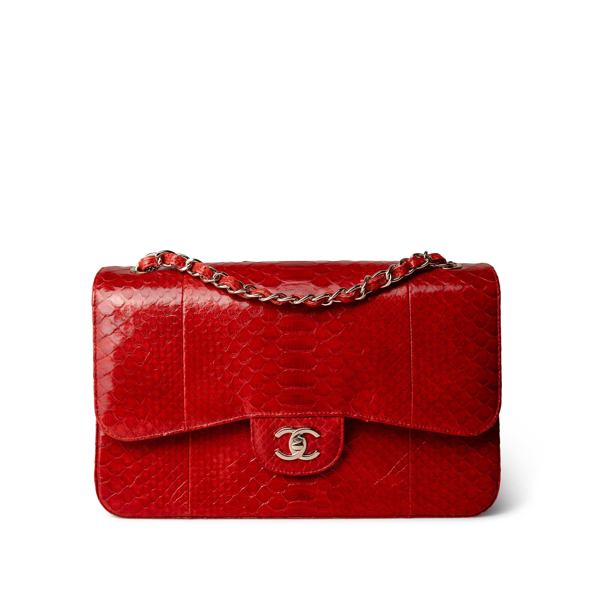 CHANEL Red Red Python Jumbo Classic Flap Light Gold Hardware - Redeluxe