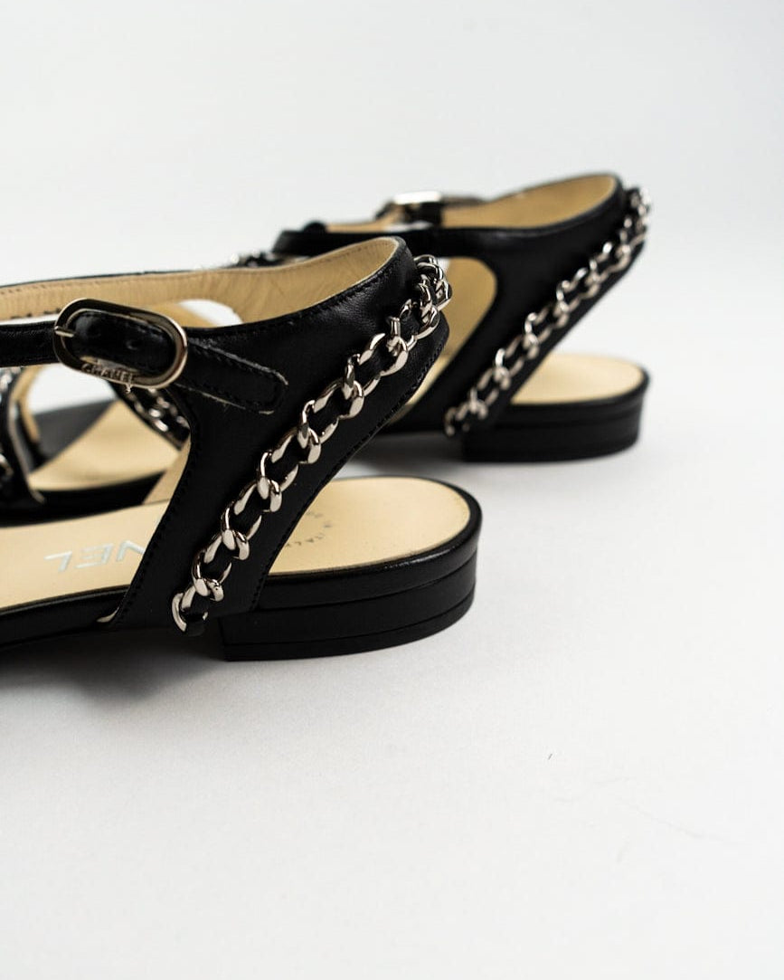 CHANEL Sandals CC Black Leather Silver Chain Embellished Sandals - size 36 / 5.5 US - Redeluxe