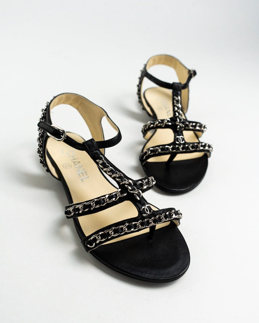CHANEL Sandals CC Black Leather Silver Chain Embellished Sandals - size 36 / 5.5 US - Redeluxe