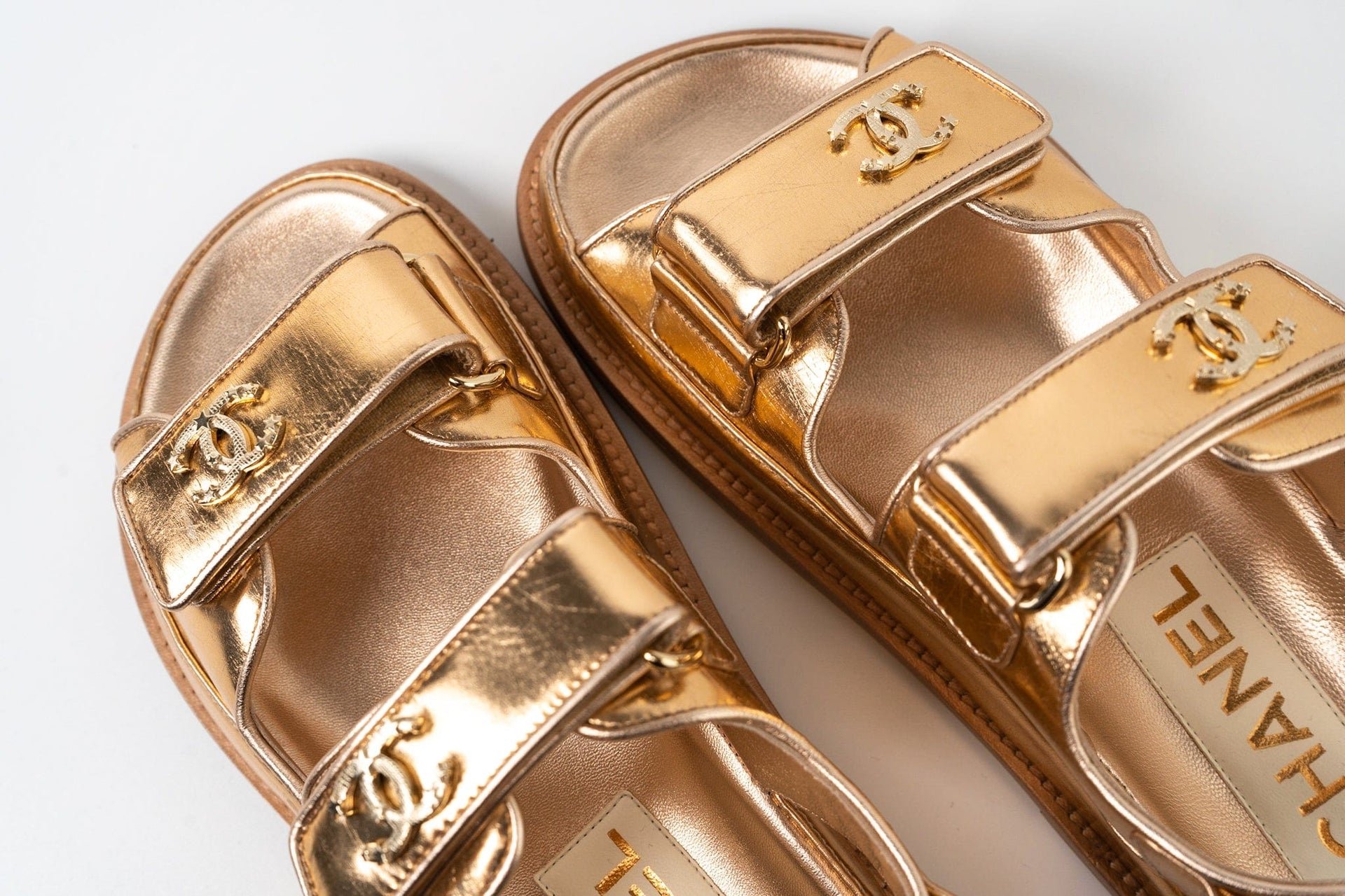 Buy CHANEL Dad Sandals Gold on SALE | Luxury Pre-Owned Shoes 