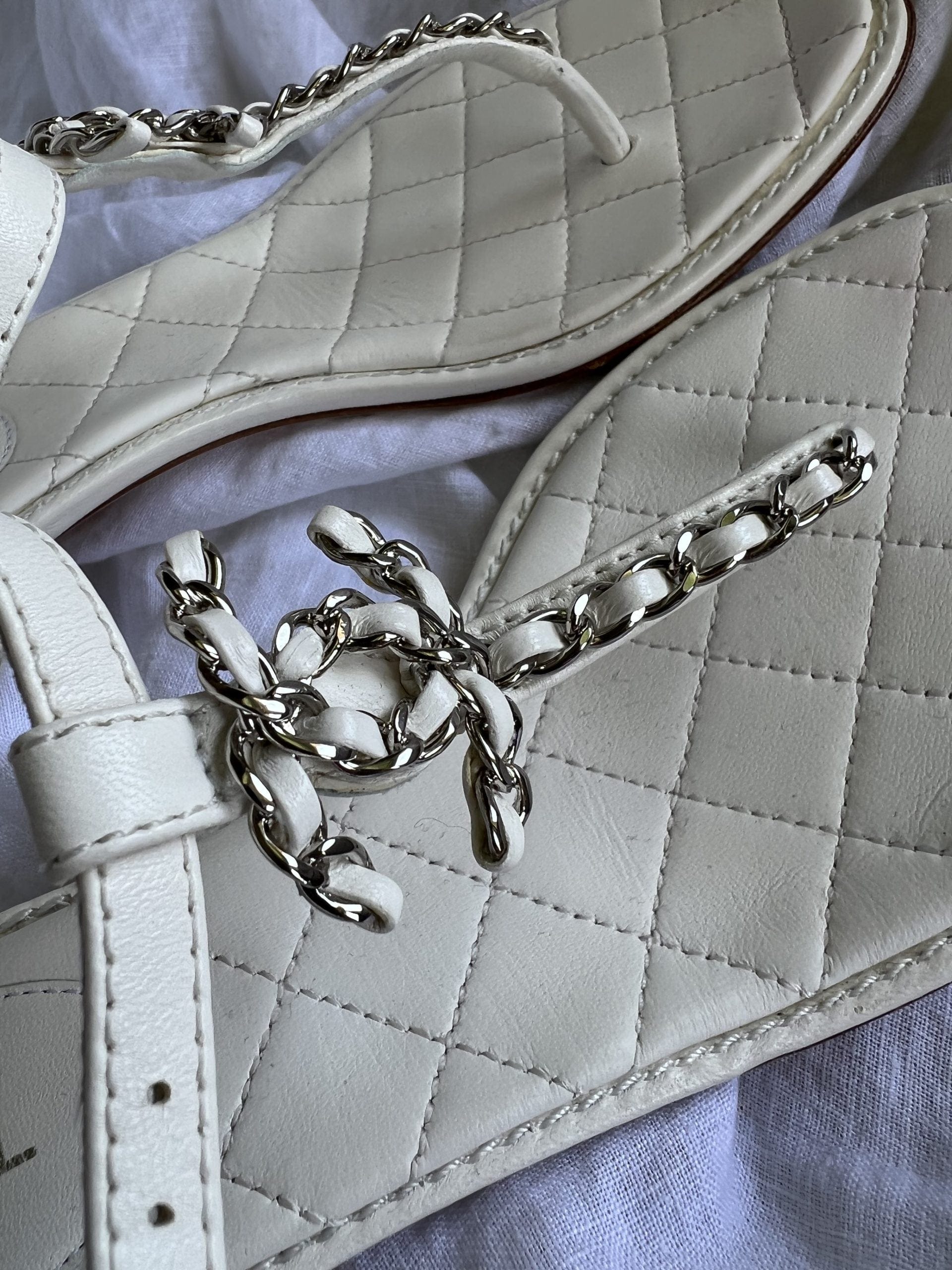 Buy CHANEL White Quilted Leather Sandals 38.5 | Exclusive