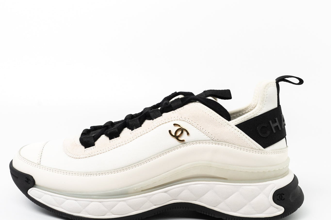 CHANEL Sneakers White Chanel Fabric Calfskin Suede CC Sneakers White ( Size 39.5) - Redeluxe