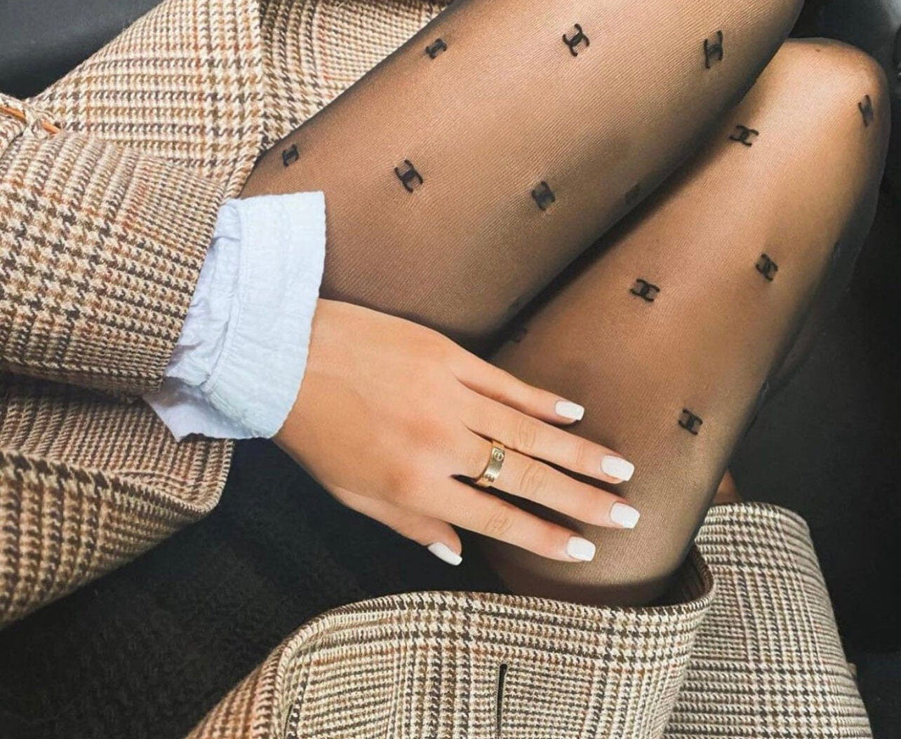 CHANEL Tights Chanel Black CC Printed Tights - Redeluxe