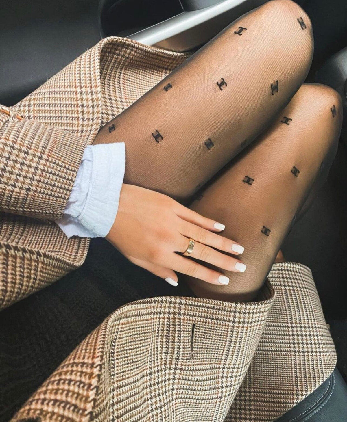 CHANEL Tights Chanel Black CC Printed Tights - Redeluxe