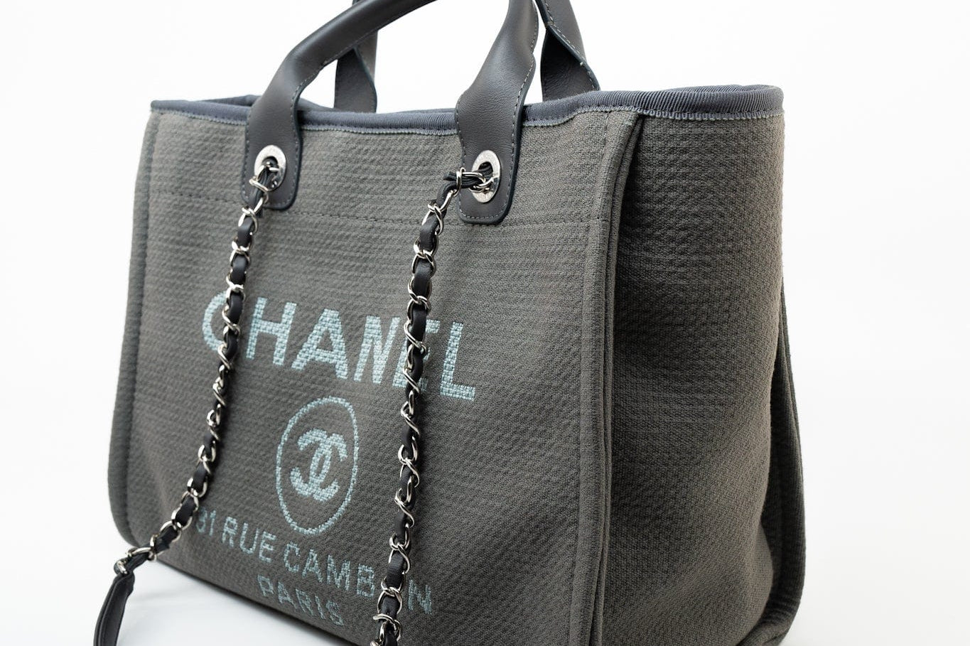 CHANEL Tote 22A Grey Deauville Shopping Tote Small Silver Hardware - Redeluxe