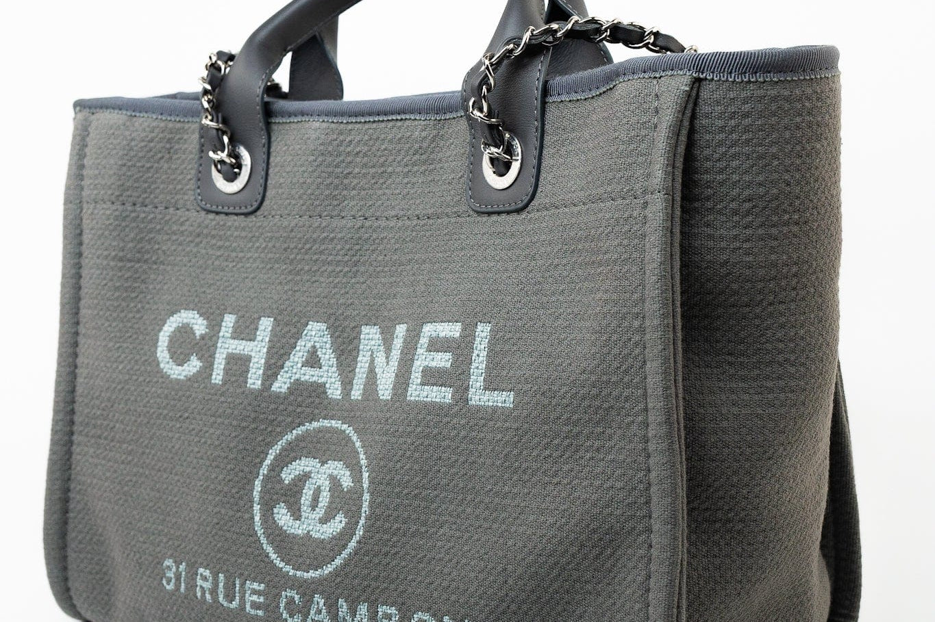CHANEL Tote 22A Grey Deauville Shopping Tote Small Silver Hardware - Redeluxe