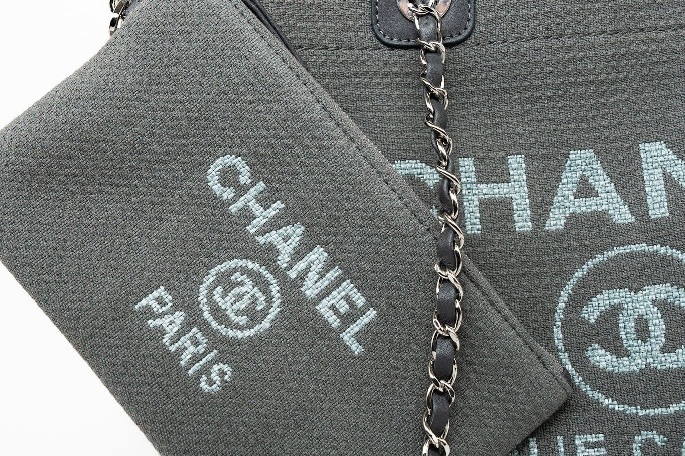 CHANEL Tote 22A Grey Deauville Shopping Tote Small Silver Hardware - Redeluxe