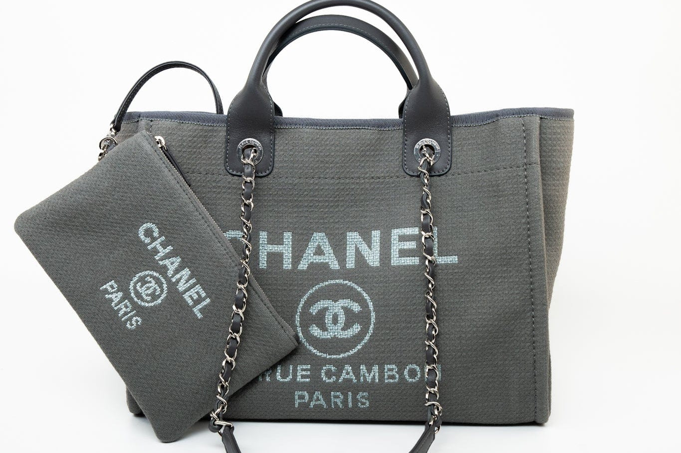 CHANEL Tote 22A Grey Deauville Shopping Tote Small Silver Hardware - Redeluxe
