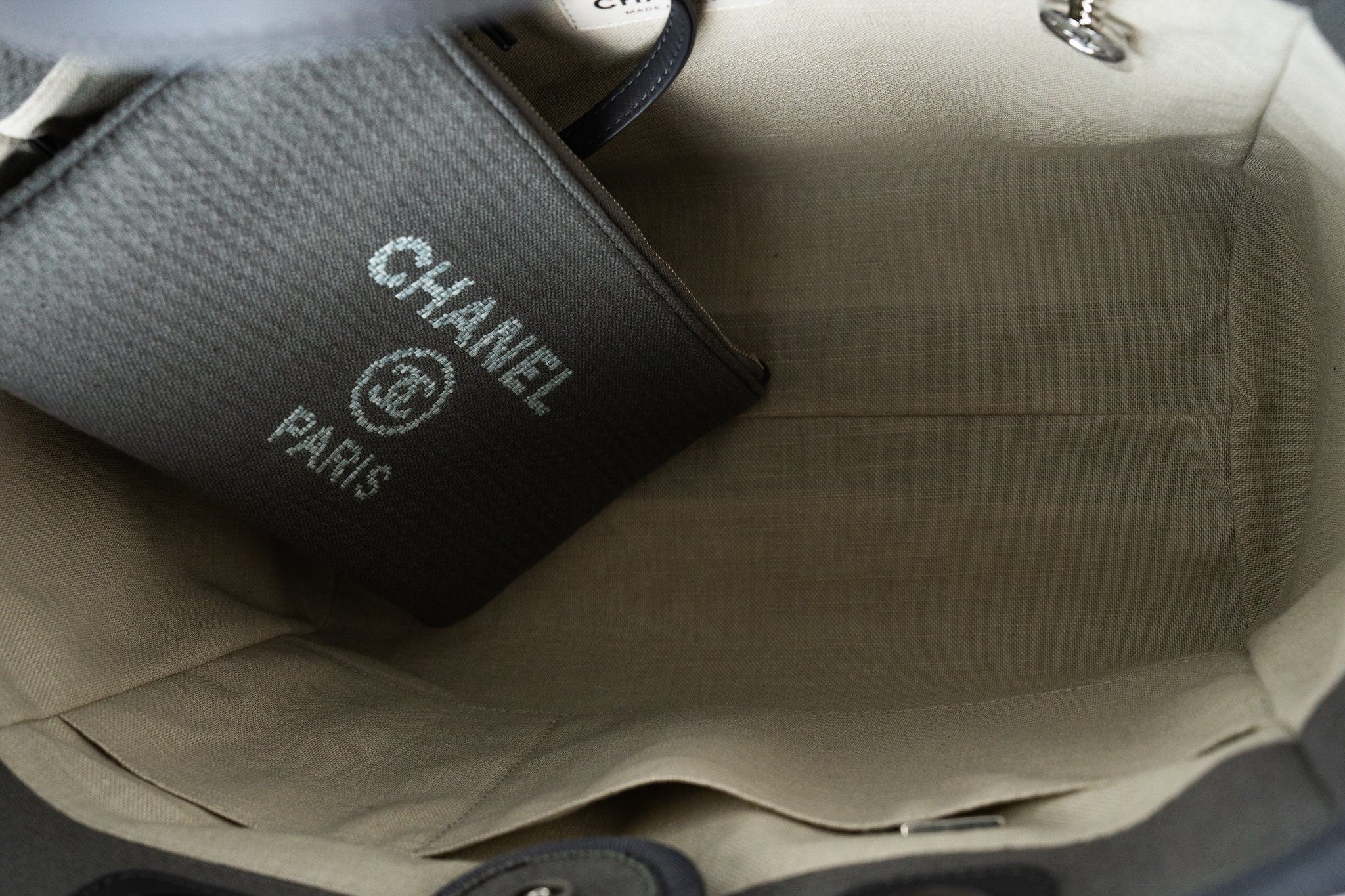 CHANEL Tote 22A Grey Deauville Shopping Tote Small Silver Hardware - Redeluxe