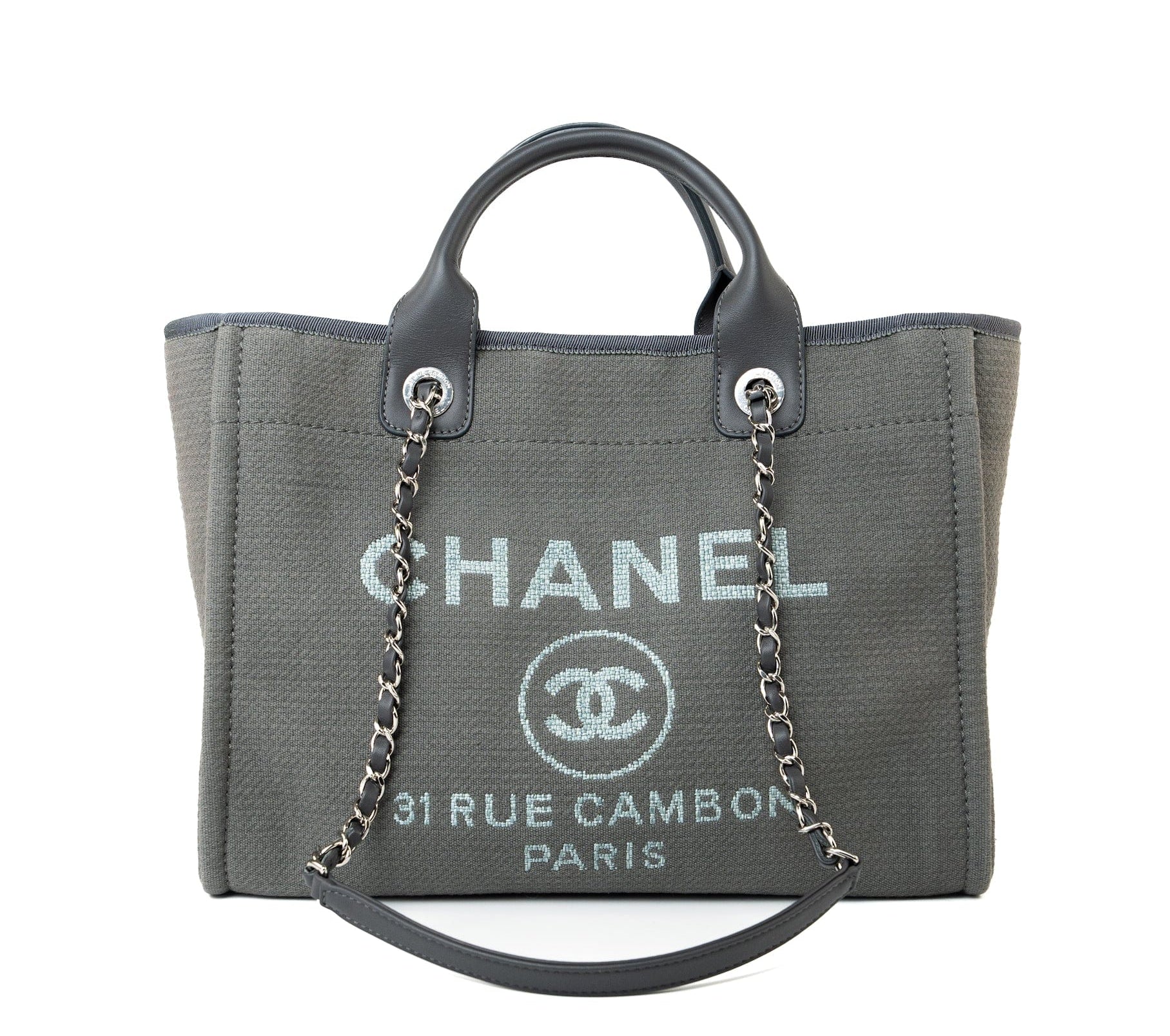 CHANEL Tote 22A Grey Deauville Shopping Tote Small Silver Hardware - Redeluxe