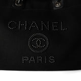 CHANEL Tote Black Black Canvas Pearl Medium Deauville Tote Silver Hardware - Redeluxe