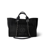 CHANEL Tote Black Black Canvas Pearl Medium Deauville Tote Silver Hardware - Redeluxe