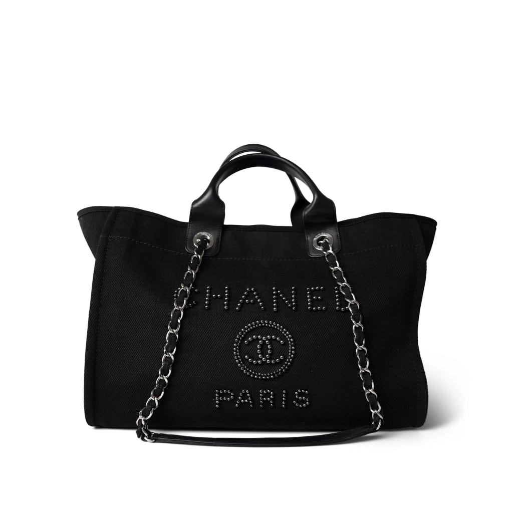 CHANEL Tote Black Black Canvas Pearl Medium Deauville Tote Silver Hardware - Redeluxe