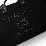 CHANEL Tote Black Black Canvas Pearl Medium Deauville Tote Silver Hardware - Redeluxe