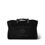 CHANEL Tote Black Black Canvas Pearl Medium Deauville Tote Silver Hardware - Redeluxe