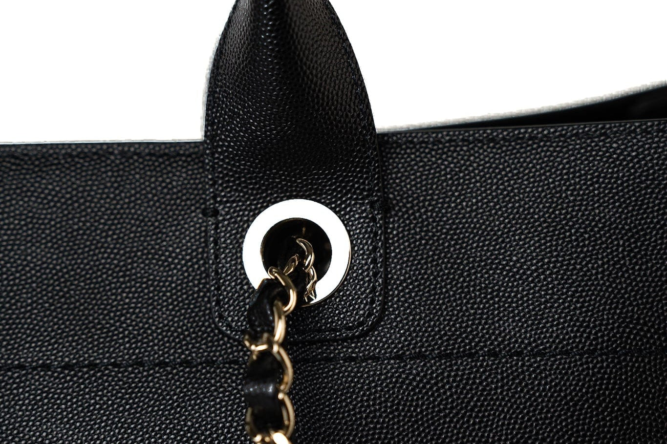 CHANEL Tote Black Caviar Studded Deauville Tote Medium/ Large Light Gold Hardware - Redeluxe
