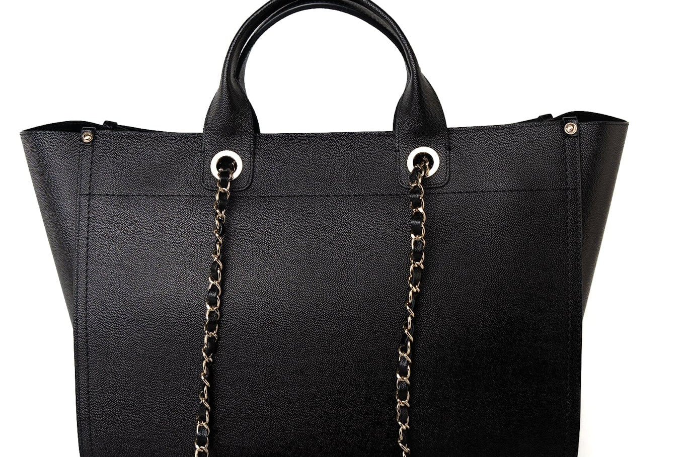 CHANEL Tote Black Caviar Studded Deauville Tote Medium/ Large Light Gold Hardware - Redeluxe