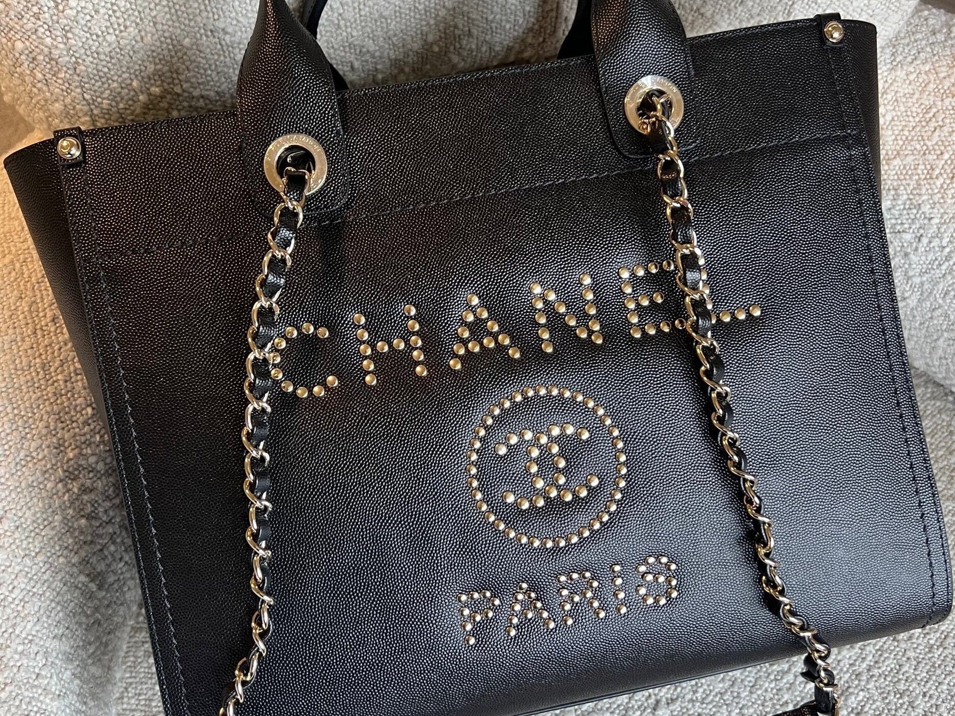 CHANEL Tote Chanel 20P Small/ Medium Deauville Shopping Tote Studded LGHW - Redeluxe