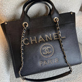 CHANEL Tote Chanel 20P Small/ Medium Deauville Shopping Tote Studded LGHW - Redeluxe