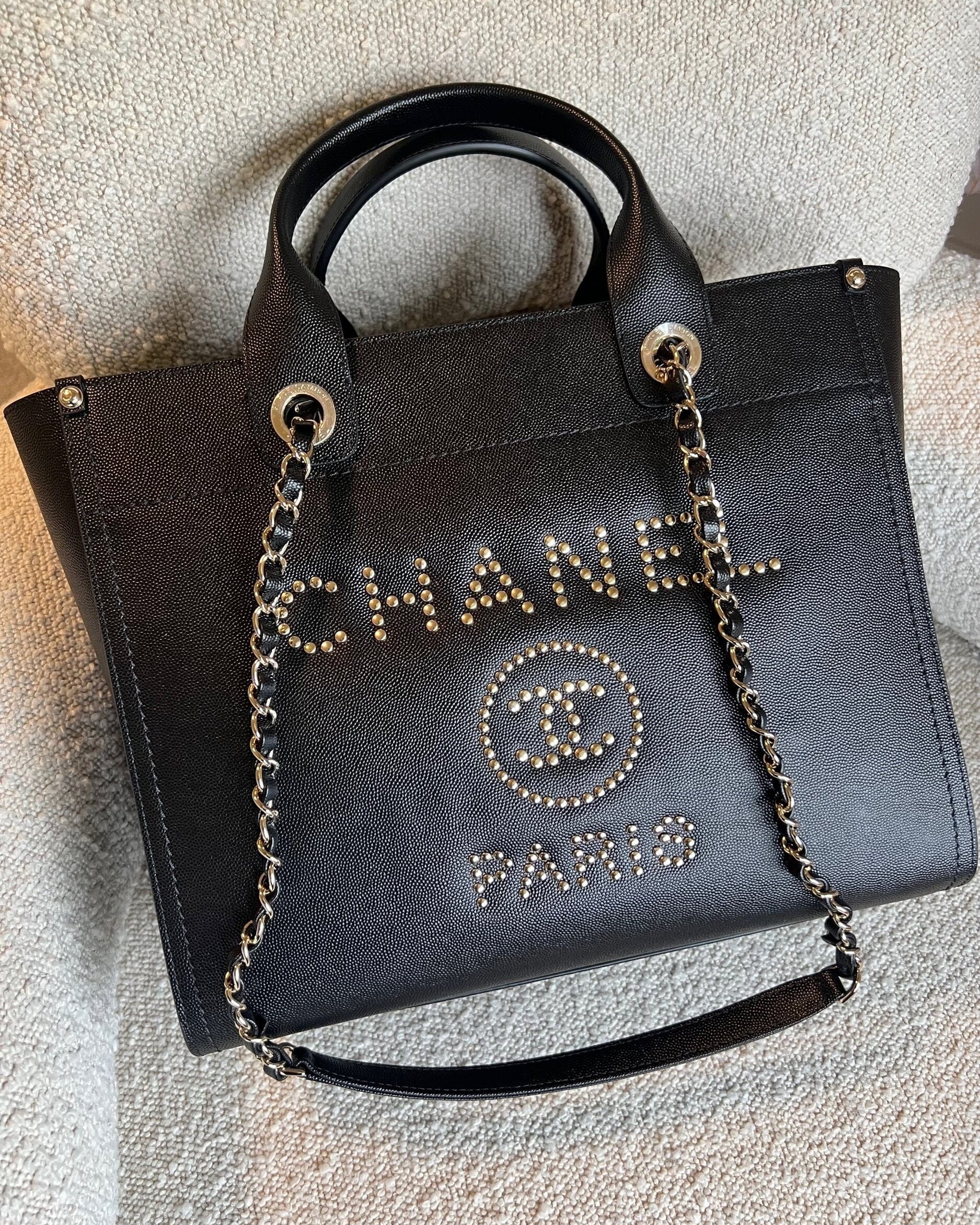 CHANEL Tote Chanel 20P Small/ Medium Deauville Shopping Tote Studded LGHW - Redeluxe