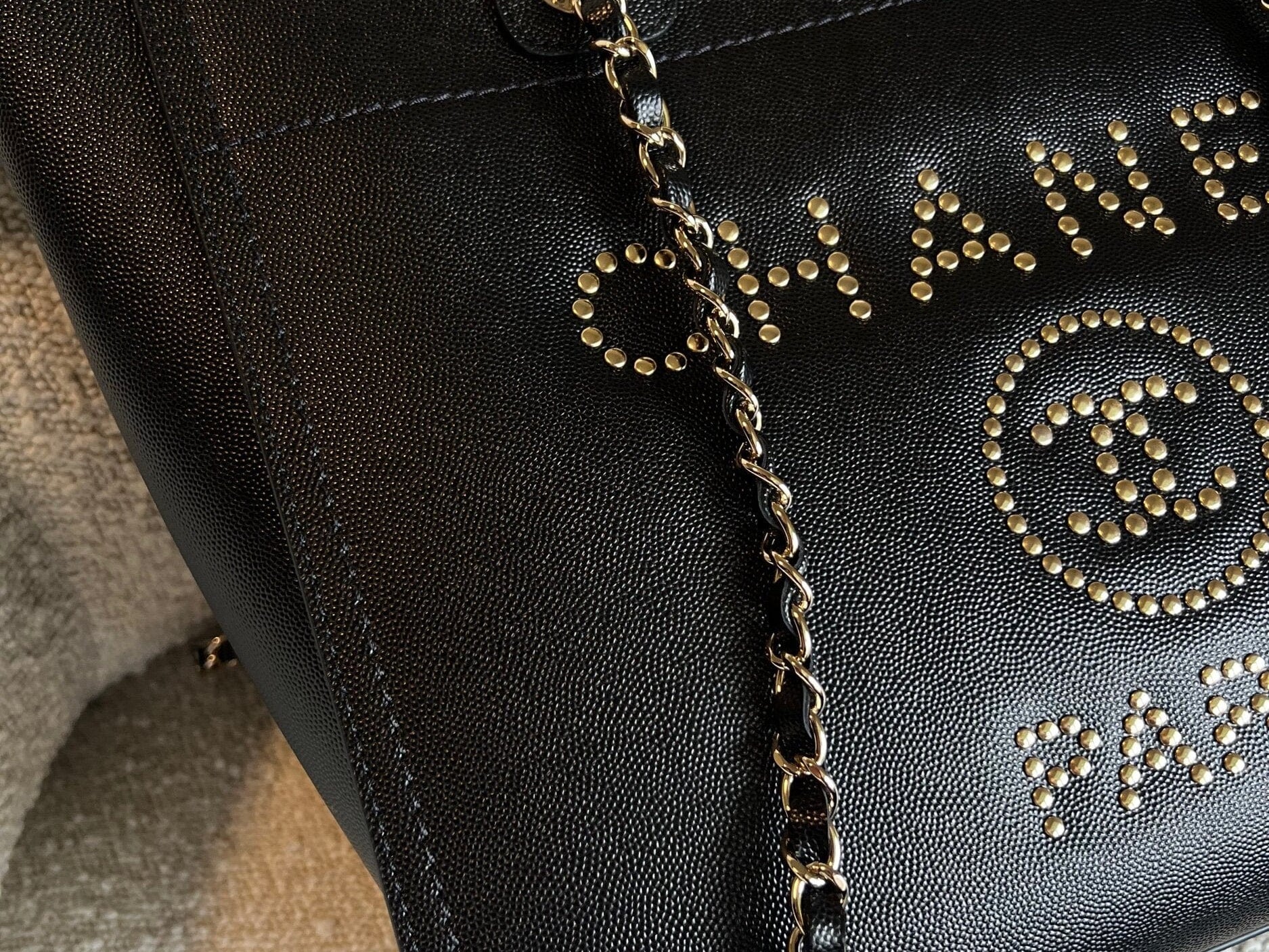 CHANEL Tote Chanel 20P Small/ Medium Deauville Shopping Tote Studded LGHW - Redeluxe