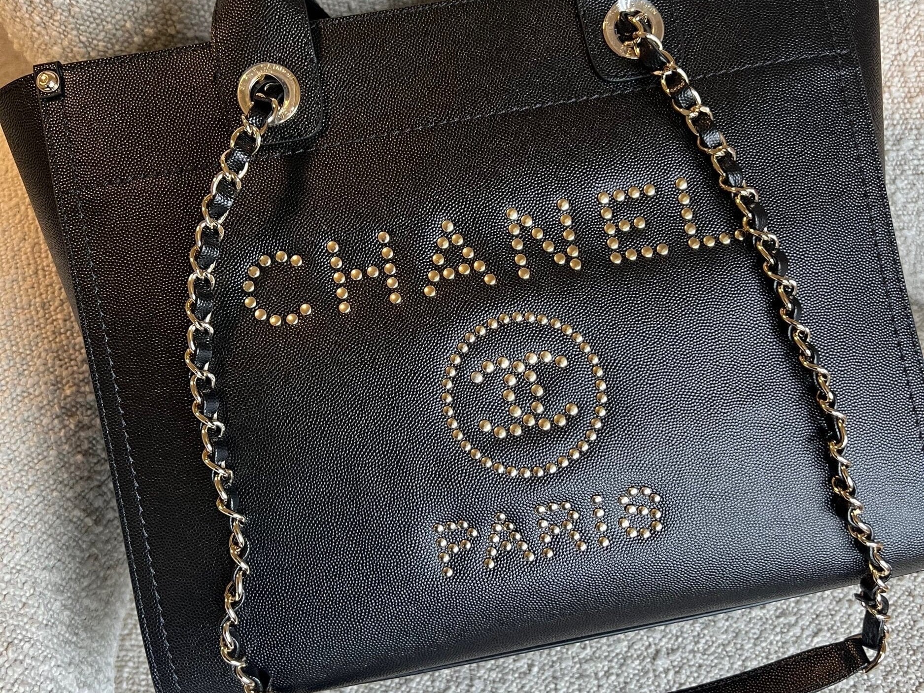 CHANEL Tote Chanel 20P Small/ Medium Deauville Shopping Tote Studded LGHW - Redeluxe