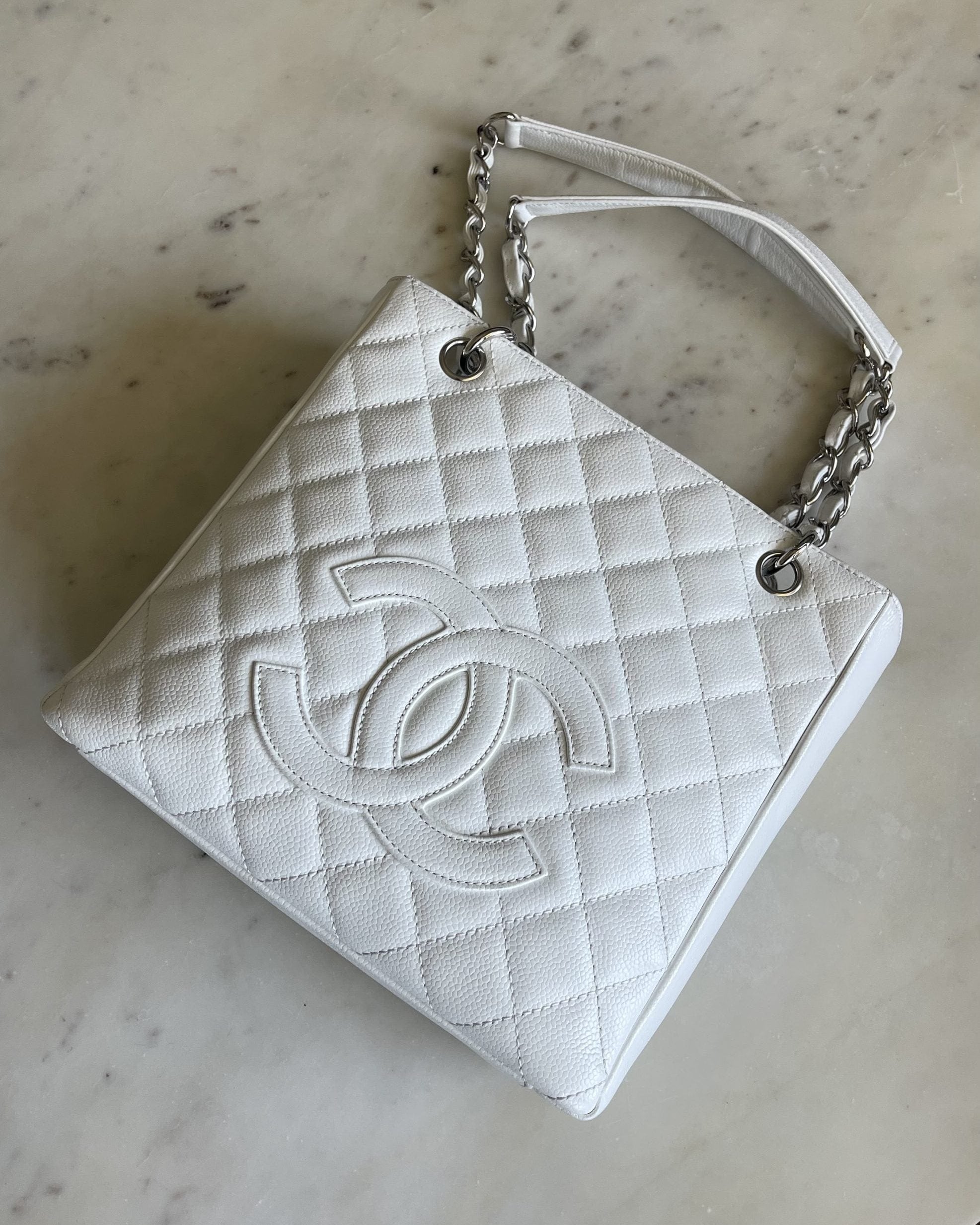 CHANEL Tote White Caviar Quilted Petite Shopping Tote - Redeluxe