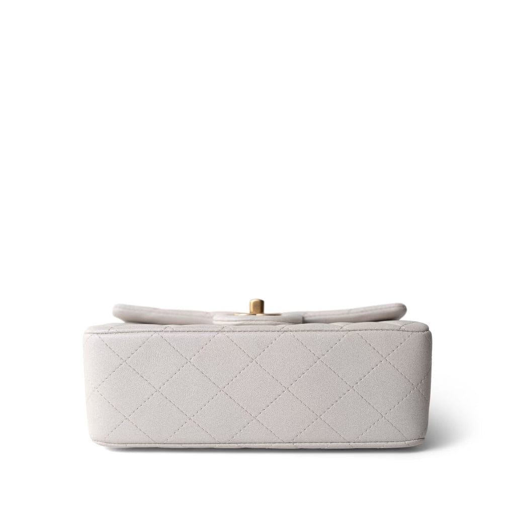 CHANEL White Mini Top Handle Pearly White Iridescent Lambskin Quilted Aged Gold Hardware - Redeluxe