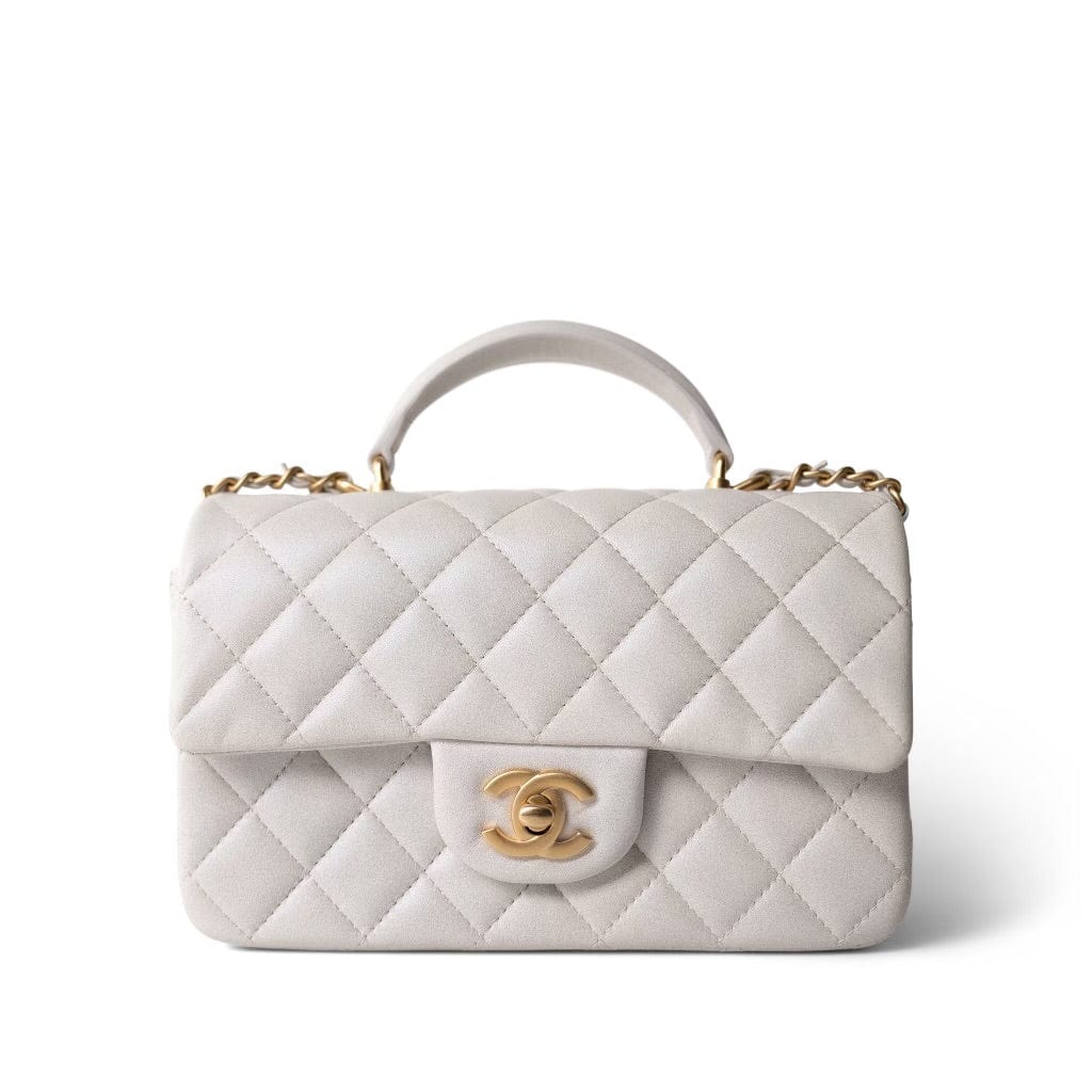 CHANEL White Mini Top Handle Pearly White Iridescent Lambskin Quilted Aged Gold Hardware - Redeluxe