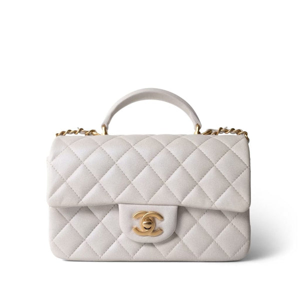 Mini Top Handle Pearly White Iridescent Lambskin Quilted Aged Gold