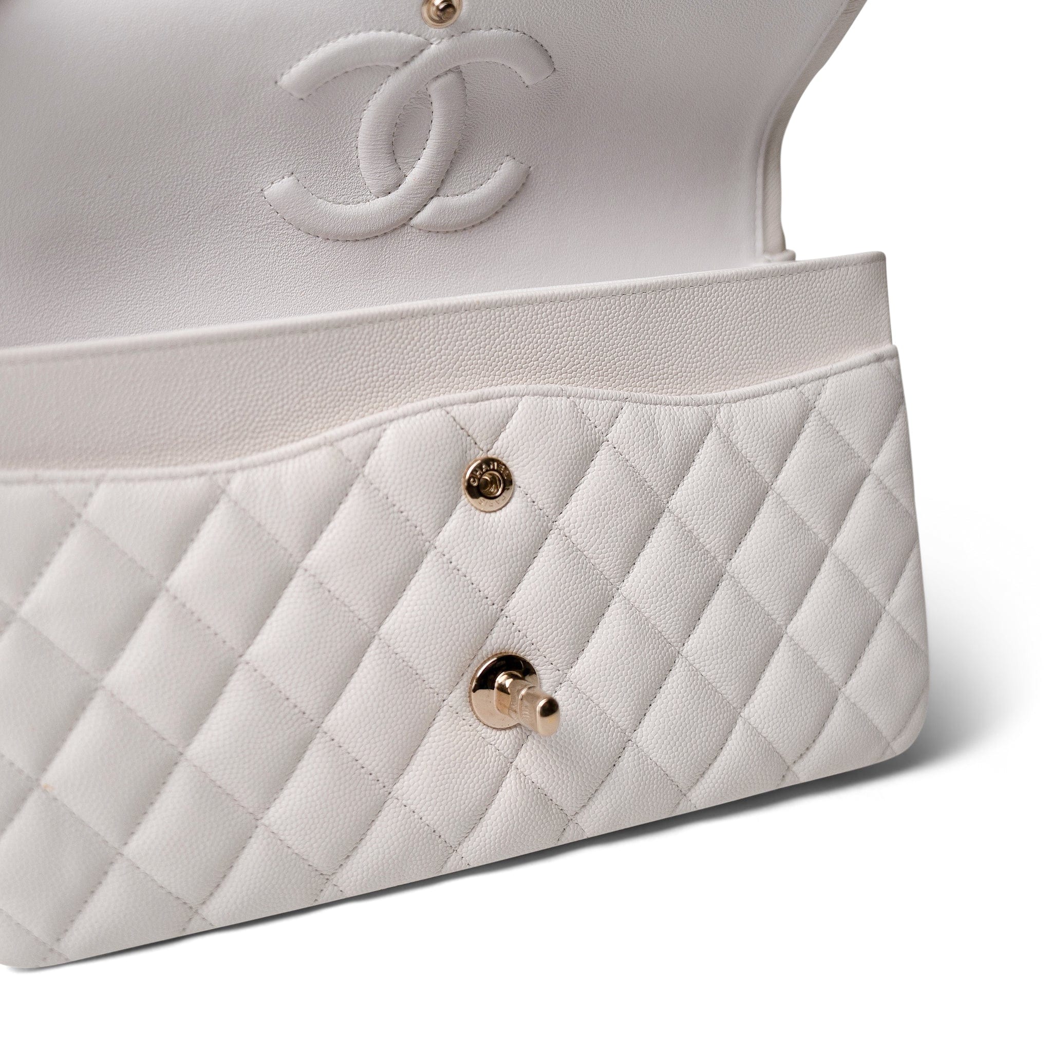 CHANEL White White Caviar Quilted Medium Classic Flap Light Gold Hardware - Redeluxe