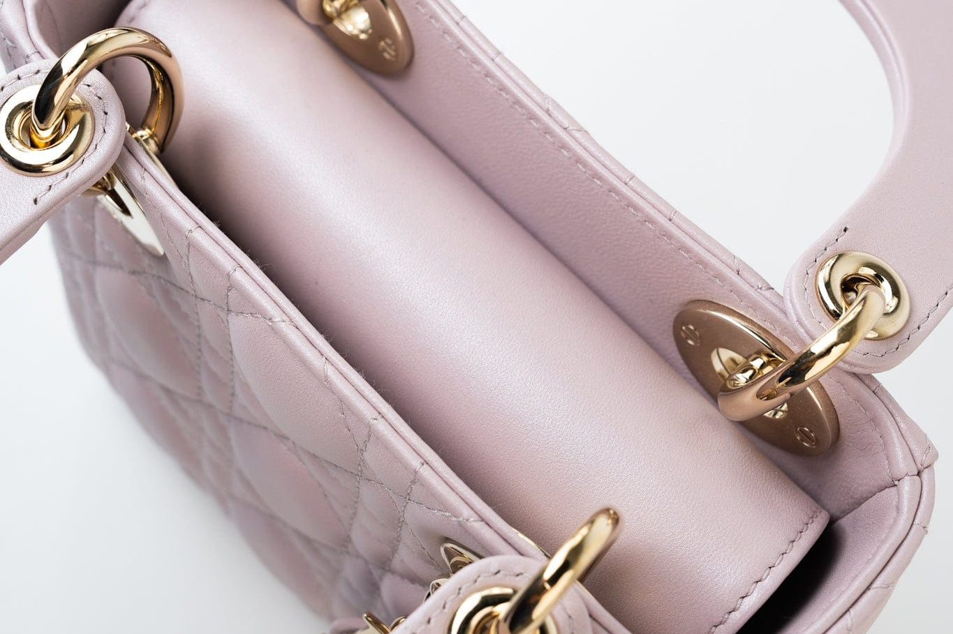 Christian Dior Handbag Christian Dior Mini Lady Dior Lotus Cannage  Pale Lilac Pink Pearlescent Lambskin - Redeluxe
