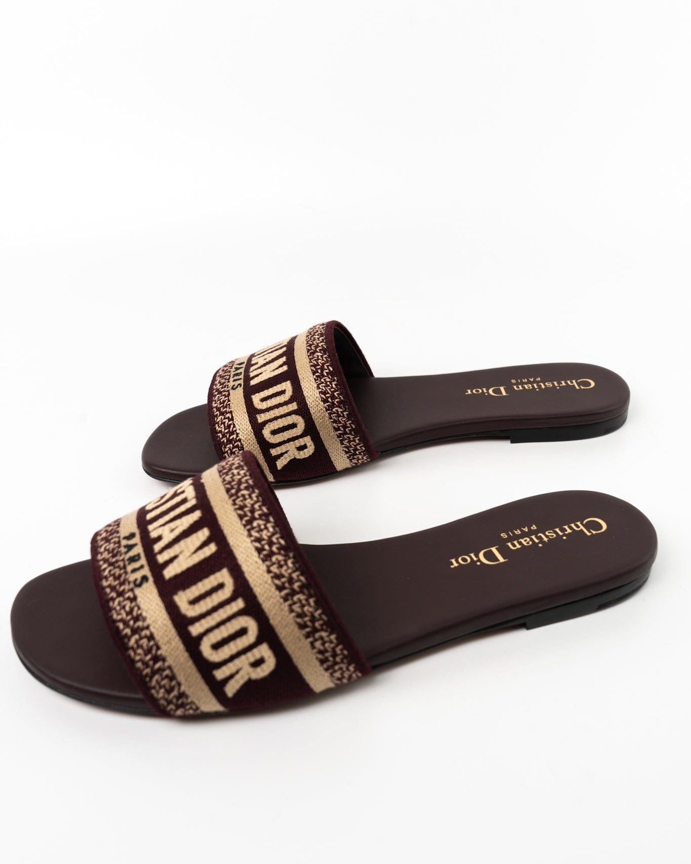 Christian Dior Sandals Brown CHRISTIAN DIOR Canvas Embroidered Dway Mules Slide Sandals 36 Deep Amaran - Redeluxe